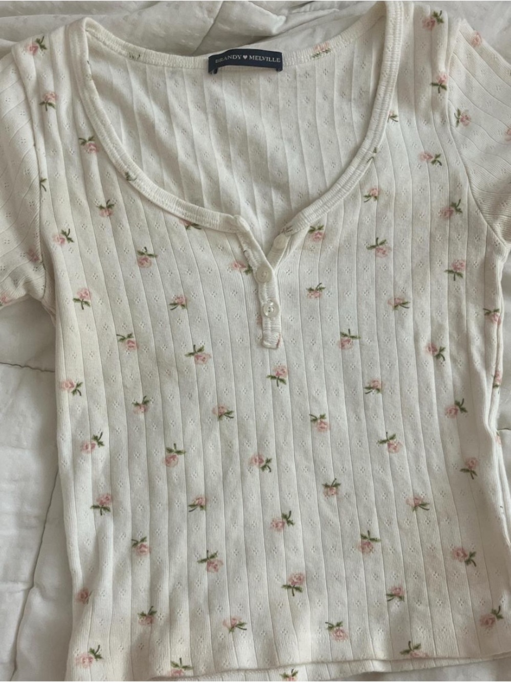 Brandy Melville Cream Ribbed Henley Top with Pink Rose Print- worn twice